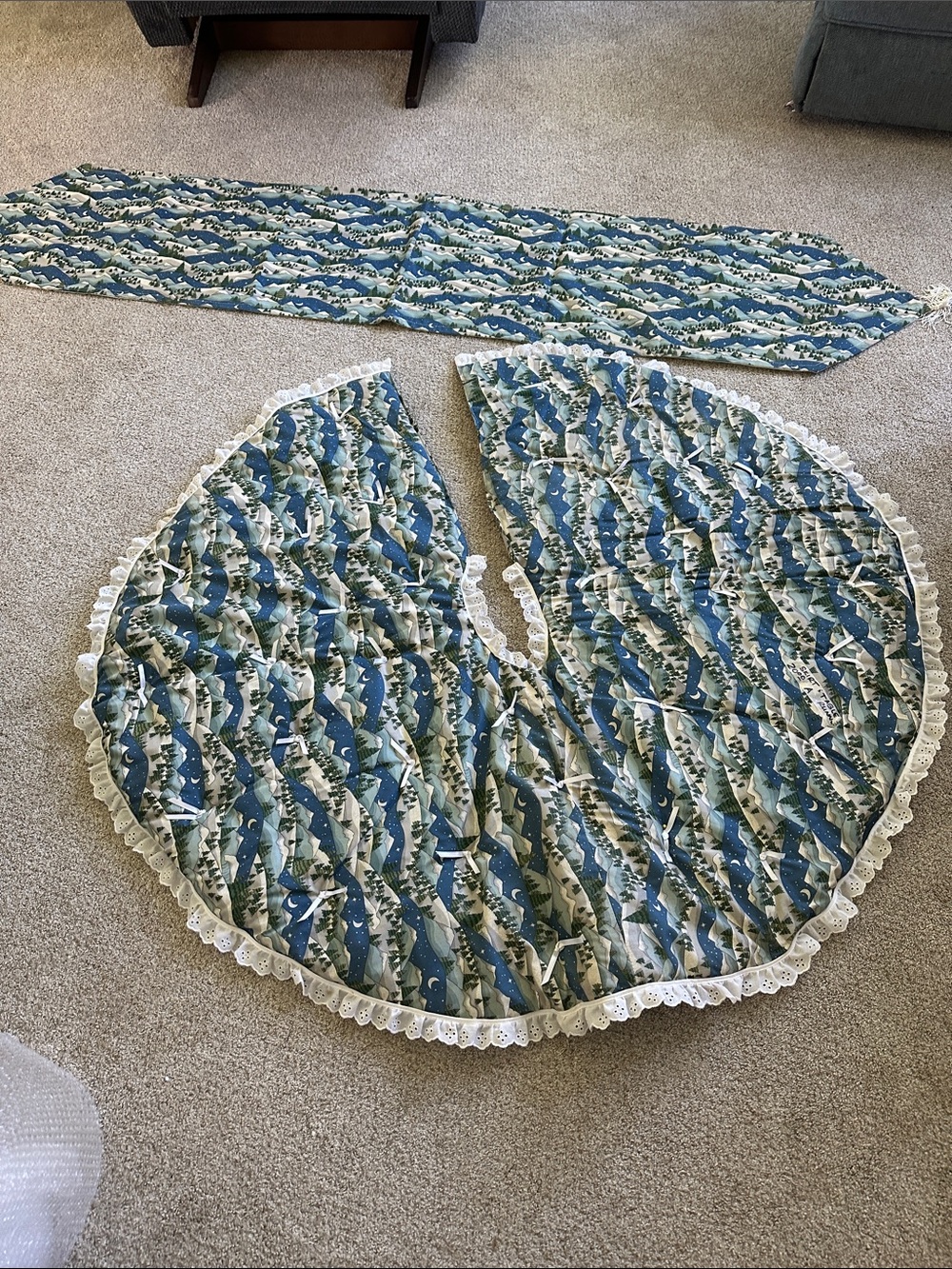 Vintage Blue and Green Patterned Tree Skirt with Lace Trim-with matching runner